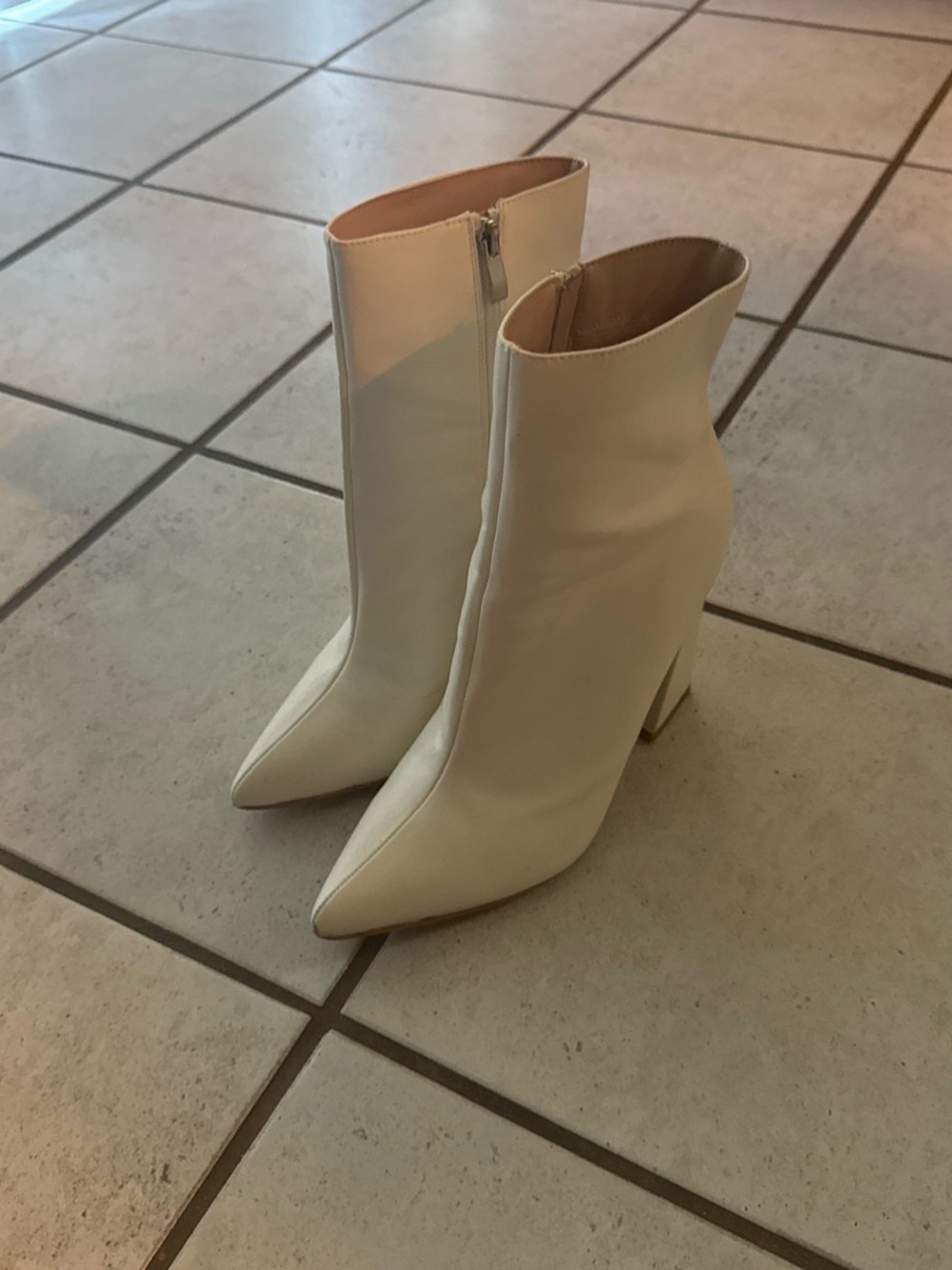 Boohoo Cream Pointed Toe Block Heel Ankle Boots